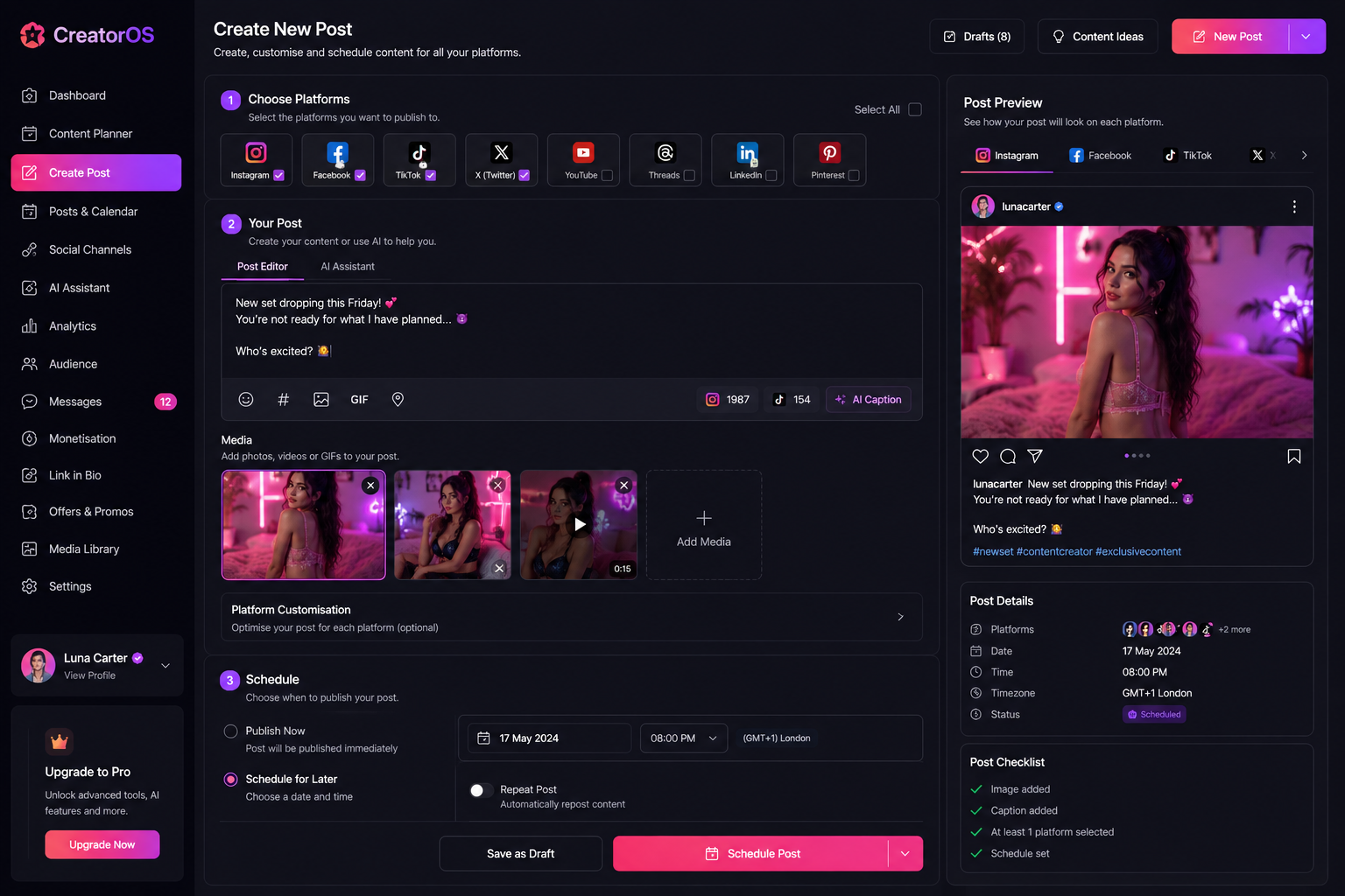 CreatorOS platform screens and creator tools